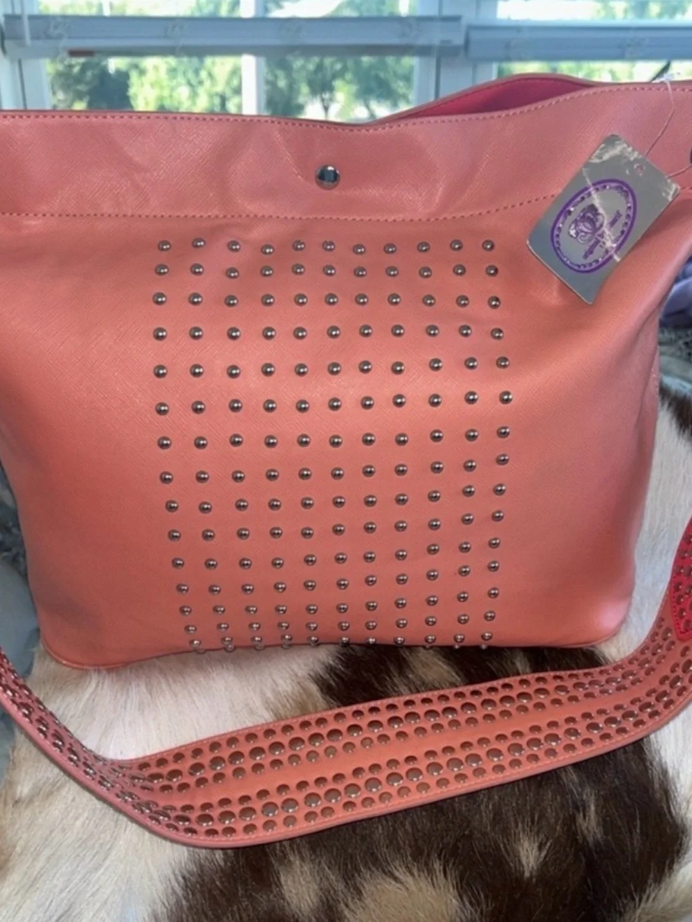 Sharif Coral Pink Studded Tote with Silver Chain
